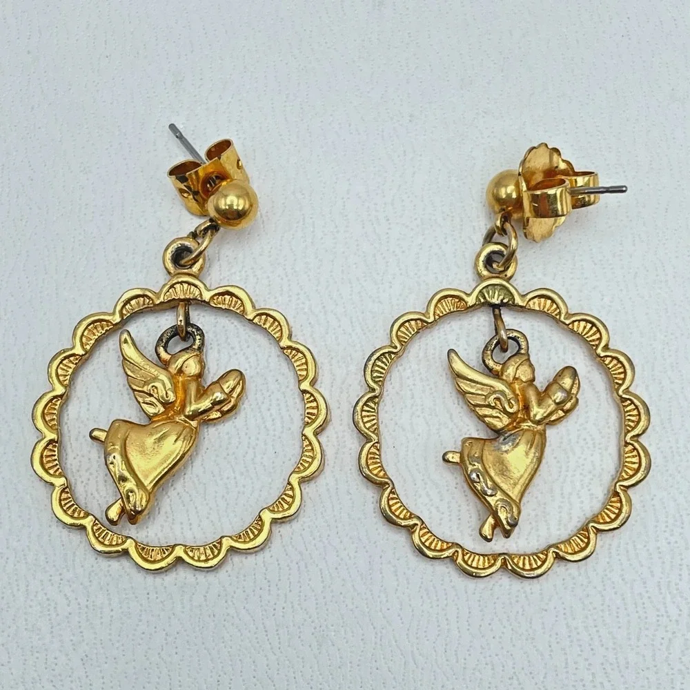 Vintage Gold-Tone Engraved Metal Soaring Angel Dangle Butterfly Back Earrings